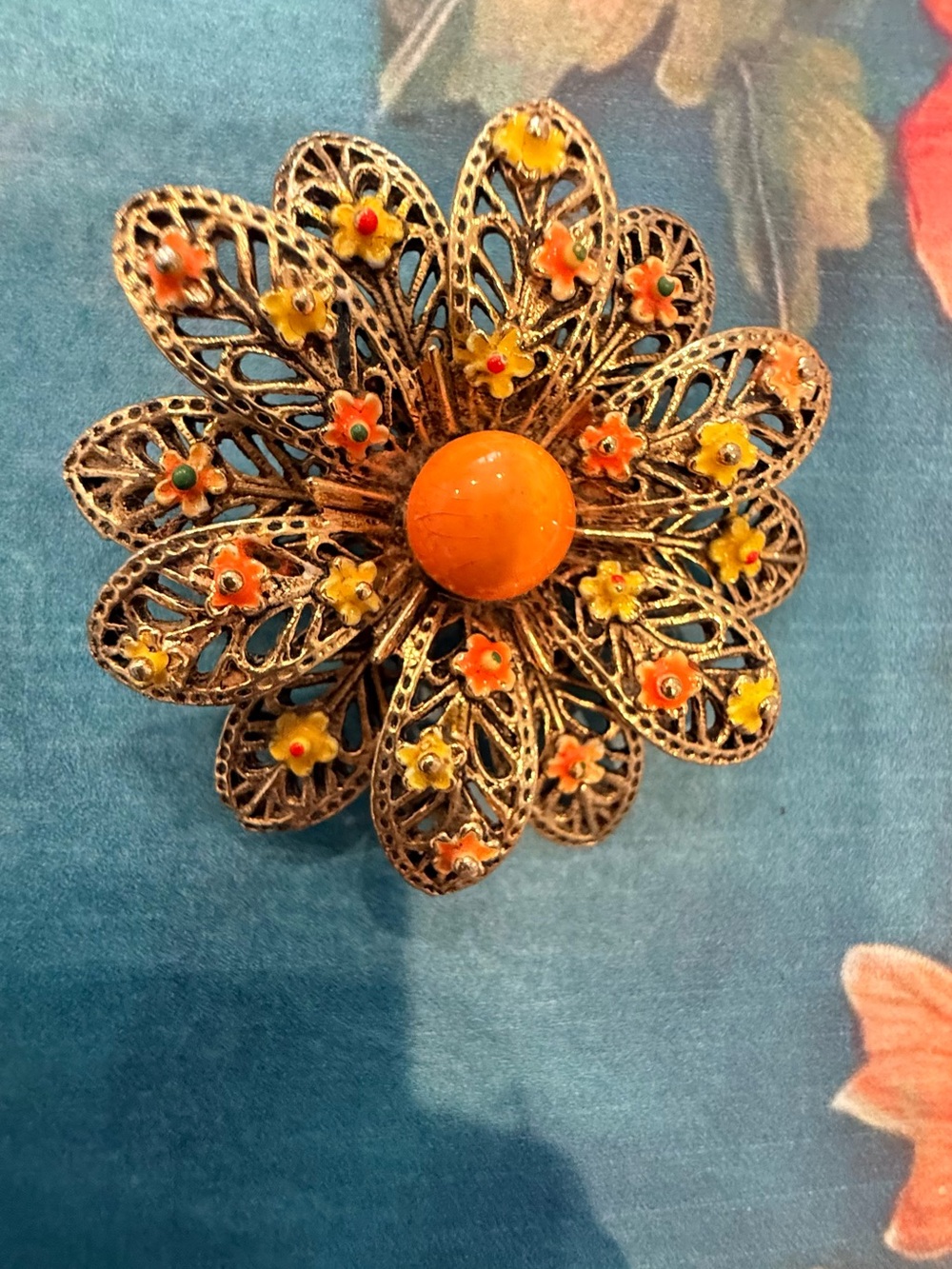 Vintage-Inspired Orange Floral Filigree Brooch